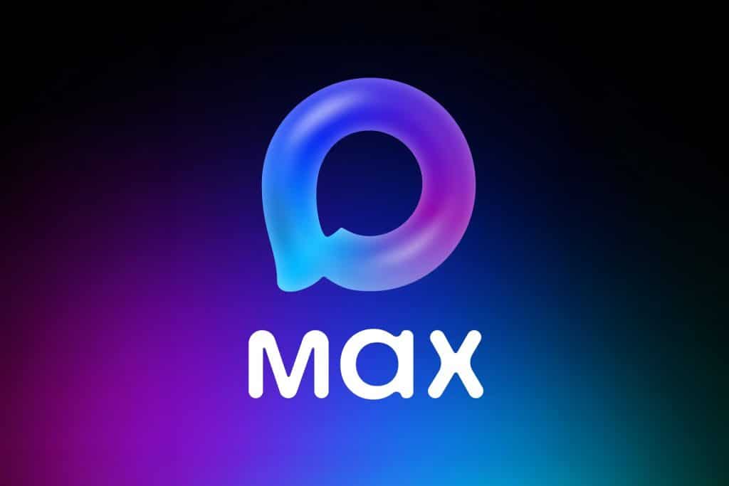 A gradient logo with a rounded, glowing shape above the word "max" in bold white text, set against a dark background with blue and purple hues, inspired by the style of popular App Store icons.