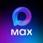 A gradient logo with a rounded, glowing shape above the word "max" in bold white text, set against a dark background with blue and purple hues, inspired by the style of popular App Store icons.