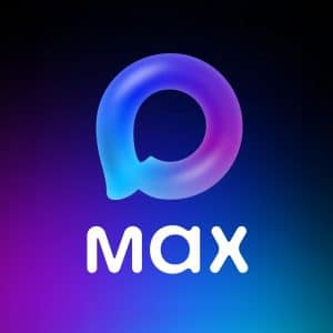 A gradient logo with a rounded, glowing shape above the word "max" in bold white text, set against a dark background with blue and purple hues, inspired by the style of popular App Store icons.