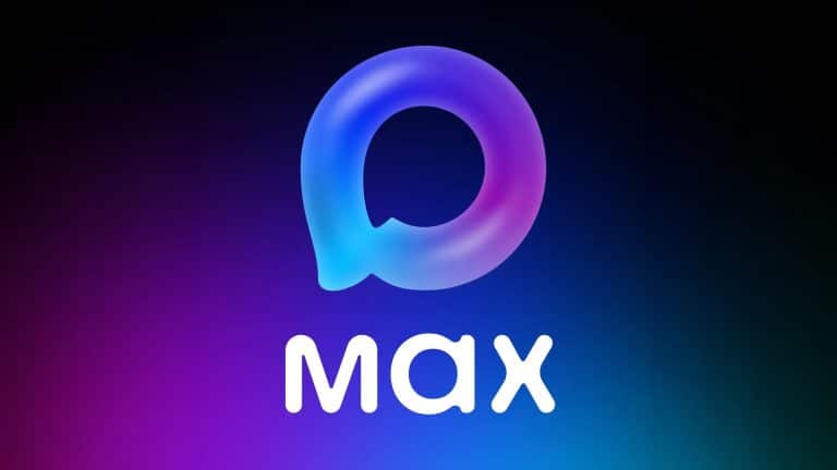 A gradient logo with a rounded, glowing shape above the word "max" in bold white text, set against a dark background with blue and purple hues, inspired by the style of popular App Store icons.