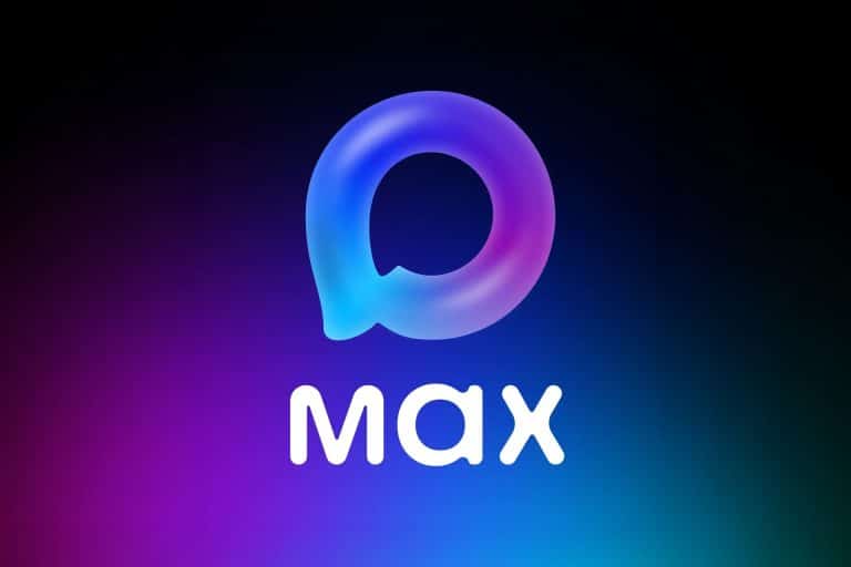 A gradient logo with a rounded, glowing shape above the word "max" in bold white text, set against a dark background with blue and purple hues, inspired by the style of popular App Store icons.