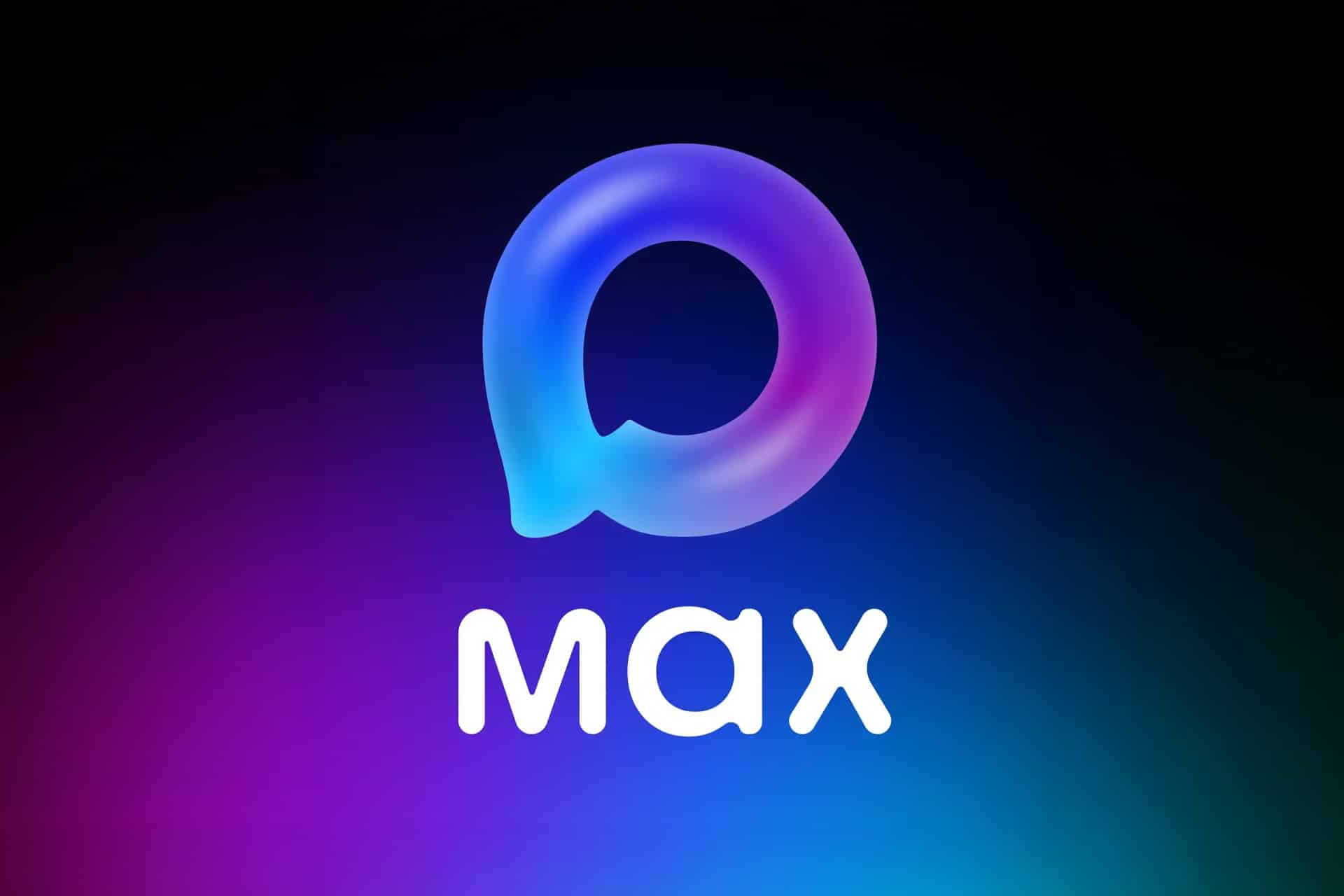 A gradient logo with a rounded, glowing shape above the word "max" in bold white text, set against a dark background with blue and purple hues, inspired by the style of popular App Store icons.