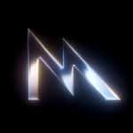 A metallic, angular letter "M" with sharp edges and a reflective, glowing surface stands out against a black background, evoking the advanced graphics of Apple Metal and the innovation behind tools like Game Porting Toolkit.