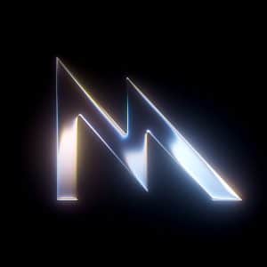 A metallic, angular letter "M" with sharp edges and a reflective, glowing surface stands out against a black background, evoking the advanced graphics of Apple Metal and the innovation behind tools like Game Porting Toolkit.