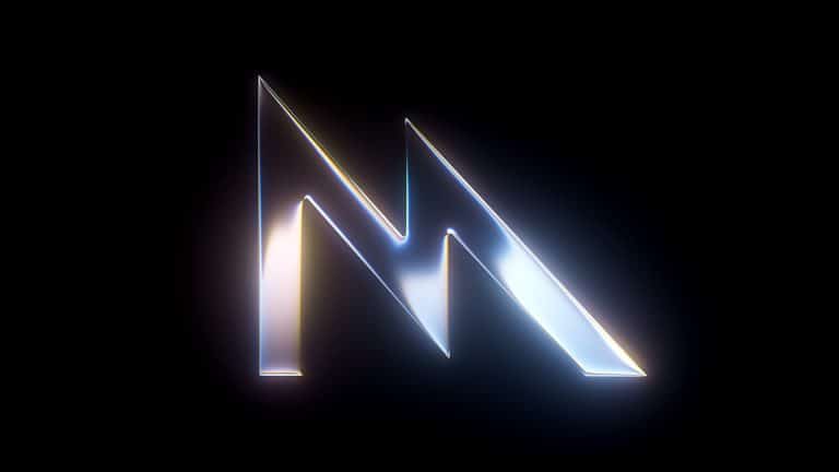 A metallic, angular letter "M" with sharp edges and a reflective, glowing surface stands out against a black background, evoking the advanced graphics of Apple Metal and the innovation behind tools like Game Porting Toolkit.