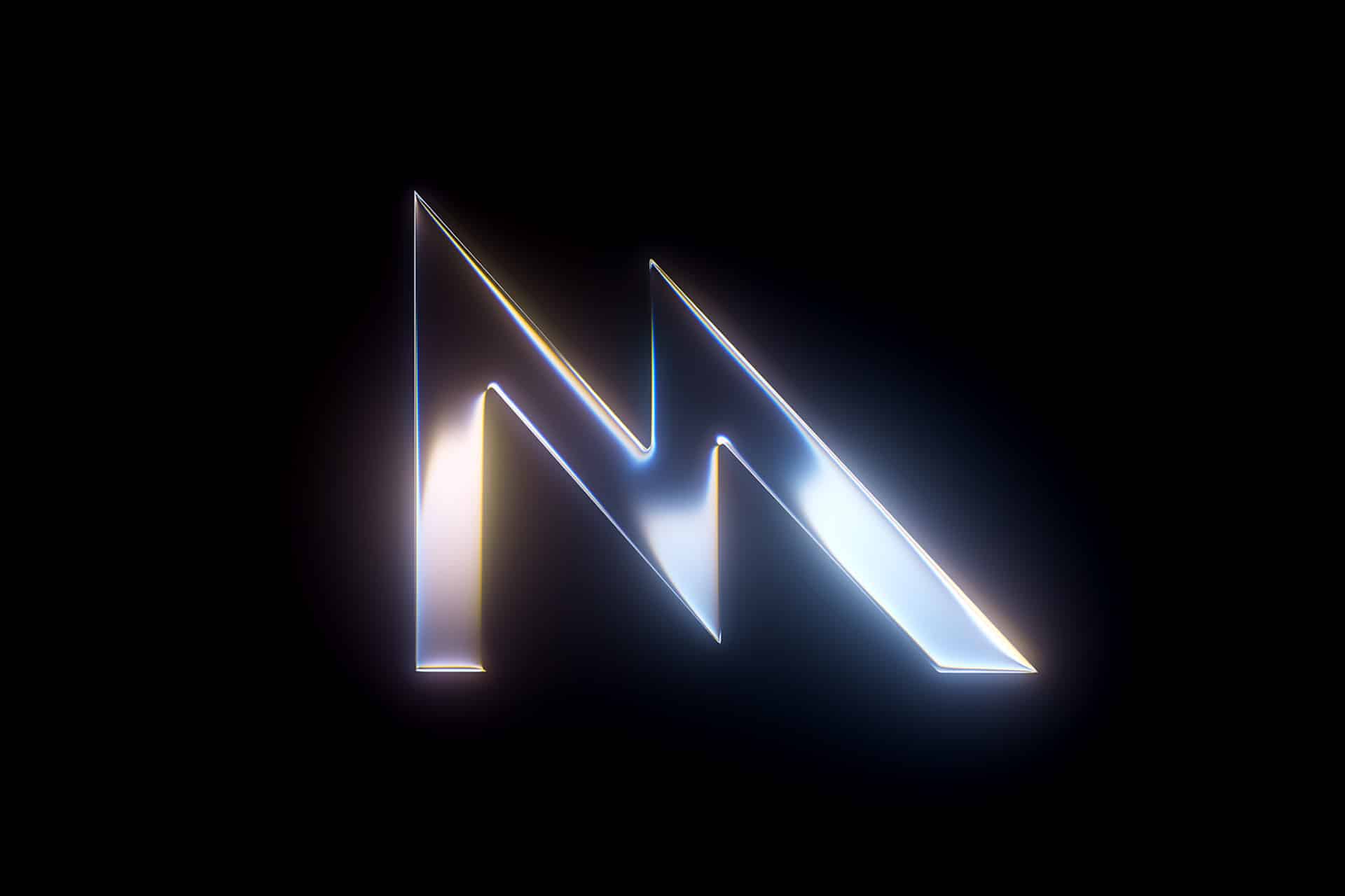 A metallic, angular letter "M" with sharp edges and a reflective, glowing surface stands out against a black background, evoking the advanced graphics of Apple Metal and the innovation behind tools like Game Porting Toolkit.