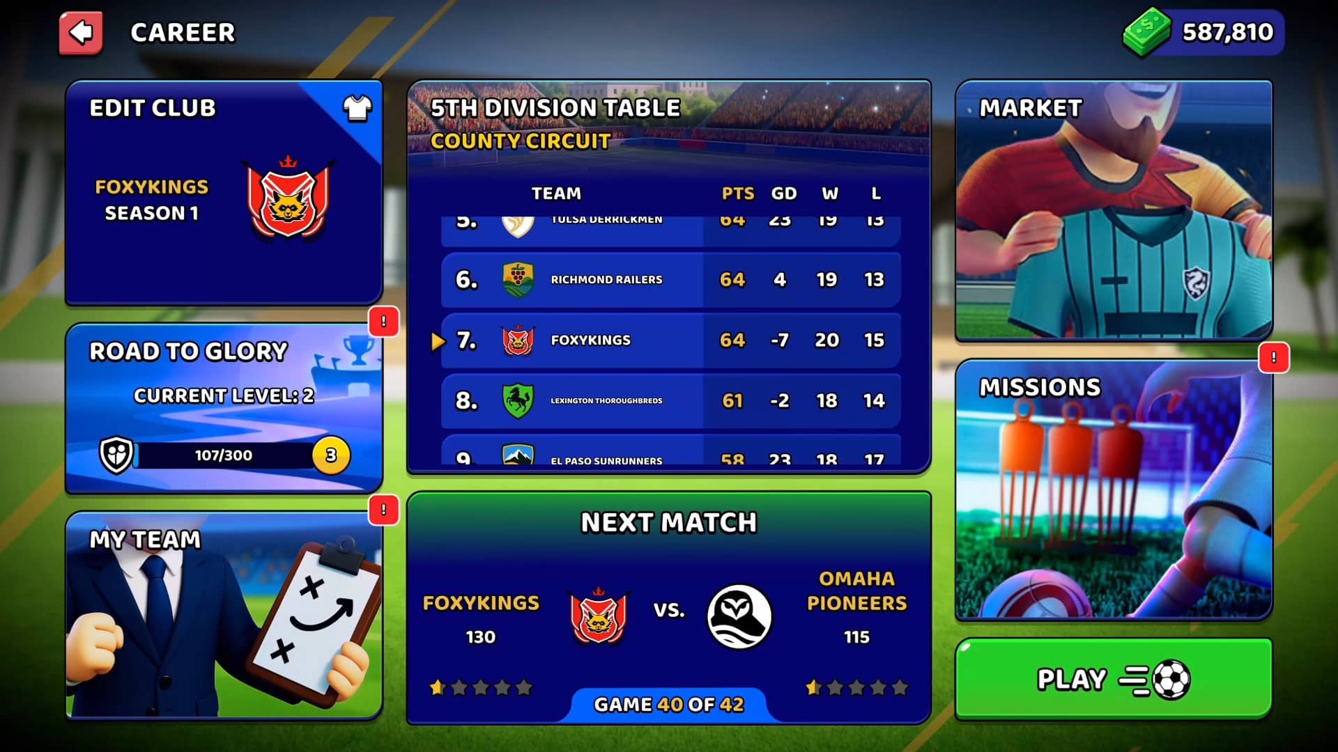 Screenshot of a sports video game on Apple Arcade showing the 5th Division Table, with Foxykings in 7th place. Buttons for editing club, market, missions, and next match are visible, along with game stats and colorful icons.