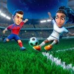Two animated soccer players with large heads compete for the ball on a brightly lit stadium field at night in this fun Apple Arcade game, with a crowd and another player visible in the background.