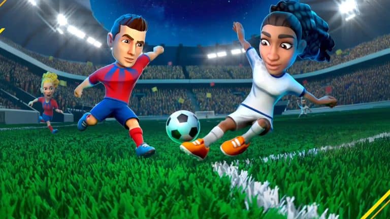 Two animated soccer players with large heads compete for the ball on a brightly lit stadium field at night in this fun Apple Arcade game, with a crowd and another player visible in the background.