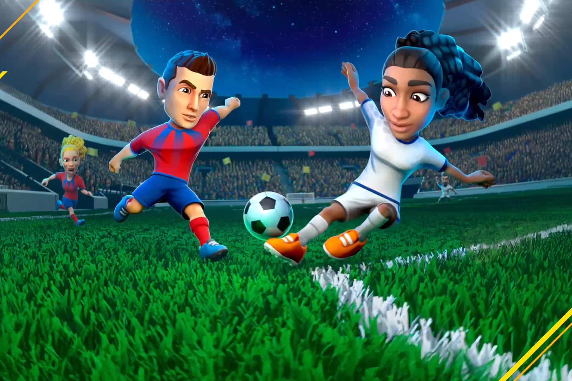 Two animated soccer players with large heads compete for the ball on a brightly lit stadium field at night in this fun Apple Arcade game, with a crowd and another player visible in the background.