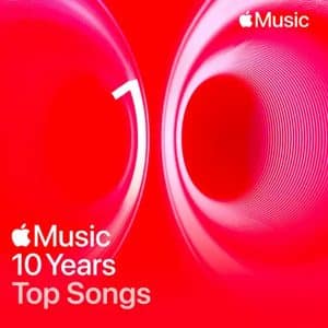 Promotional graphic with a red background and white text that reads: "Apple Music 10 Years Top Songs." The image features abstract circular designs, the Apple logo in the top right corner, and highlights artists like YoungBoy Never Broke Again.