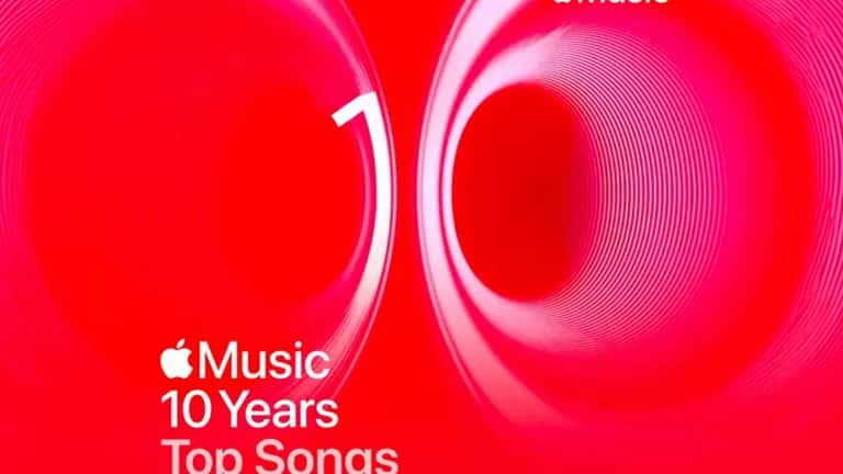 Promotional graphic with a red background and white text that reads: "Apple Music 10 Years Top Songs." The image features abstract circular designs, the Apple logo in the top right corner, and highlights artists like YoungBoy Never Broke Again.