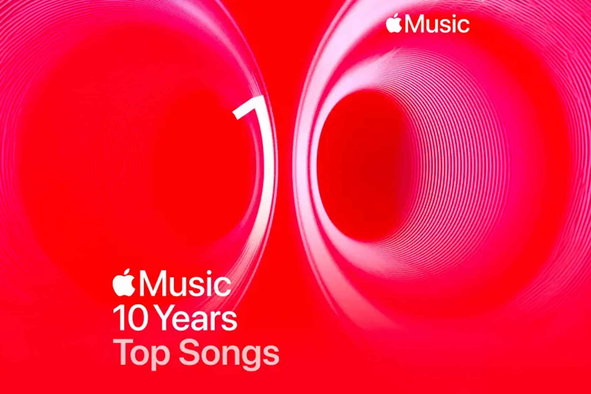 Promotional graphic with a red background and white text that reads: "Apple Music 10 Years Top Songs." The image features abstract circular designs, the Apple logo in the top right corner, and highlights artists like YoungBoy Never Broke Again.