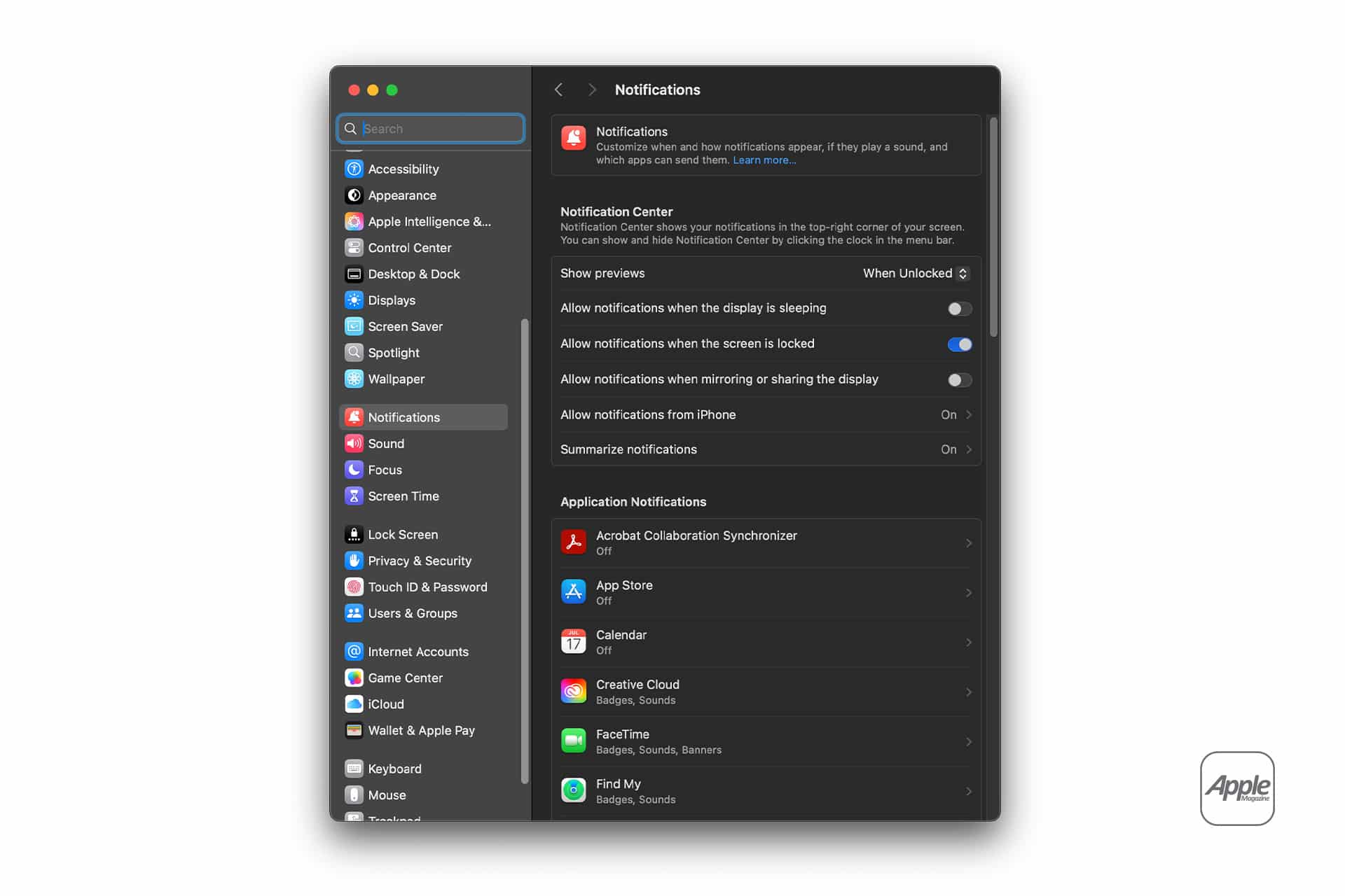 Screenshot of the Notifications settings window on a Mac, showing various notification options and application notification settings. The Apple logo is visible in the bottom-right corner, with options compatible with Mac AirPlay display mirroring.
