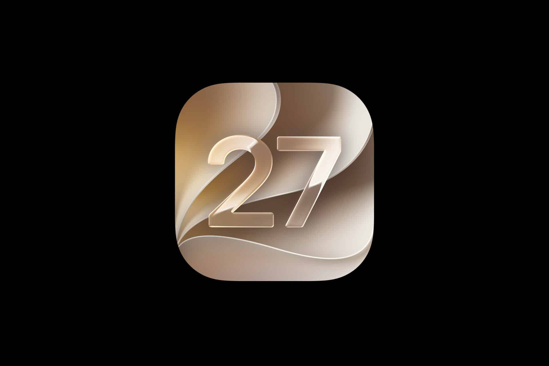 A rounded square icon with abstract beige and brown swirls features the number 27 in a large, glossy, white font at the center, set against a black background—perfect for highlighting WWDC26 developer betas.