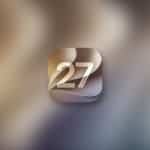 A metallic, reflective icon with the number 27 in white sits centered on a blurred, gradient background. The Apple logo and word “Apple” appear in a small white box at the bottom right, hinting at iOS 27 Messages and Apple Intelligence announced at WWDC26.