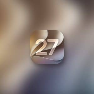 A metallic, reflective icon with the number 27 in white sits centered on a blurred, gradient background. The Apple logo and word “Apple” appear in a small white box at the bottom right, hinting at iOS 27 Messages and Apple Intelligence announced at WWDC26.