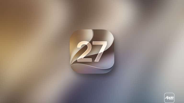 A metallic, reflective icon with the number 27 in white sits centered on a blurred, gradient background. The Apple logo and word “Apple” appear in a small white box at the bottom right, hinting at iOS 27 Messages and Apple Intelligence announced at WWDC26.