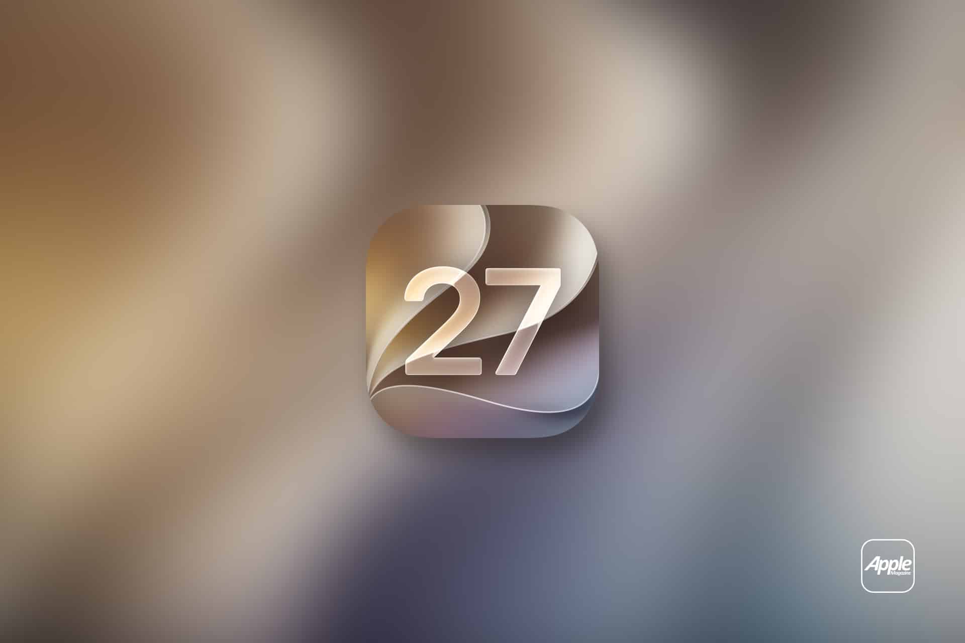 A metallic, reflective icon with the number 27 in white sits centered on a blurred, gradient background. The Apple logo and word “Apple” appear in a small white box at the bottom right, hinting at iOS 27 Messages and Apple Intelligence announced at WWDC26.
