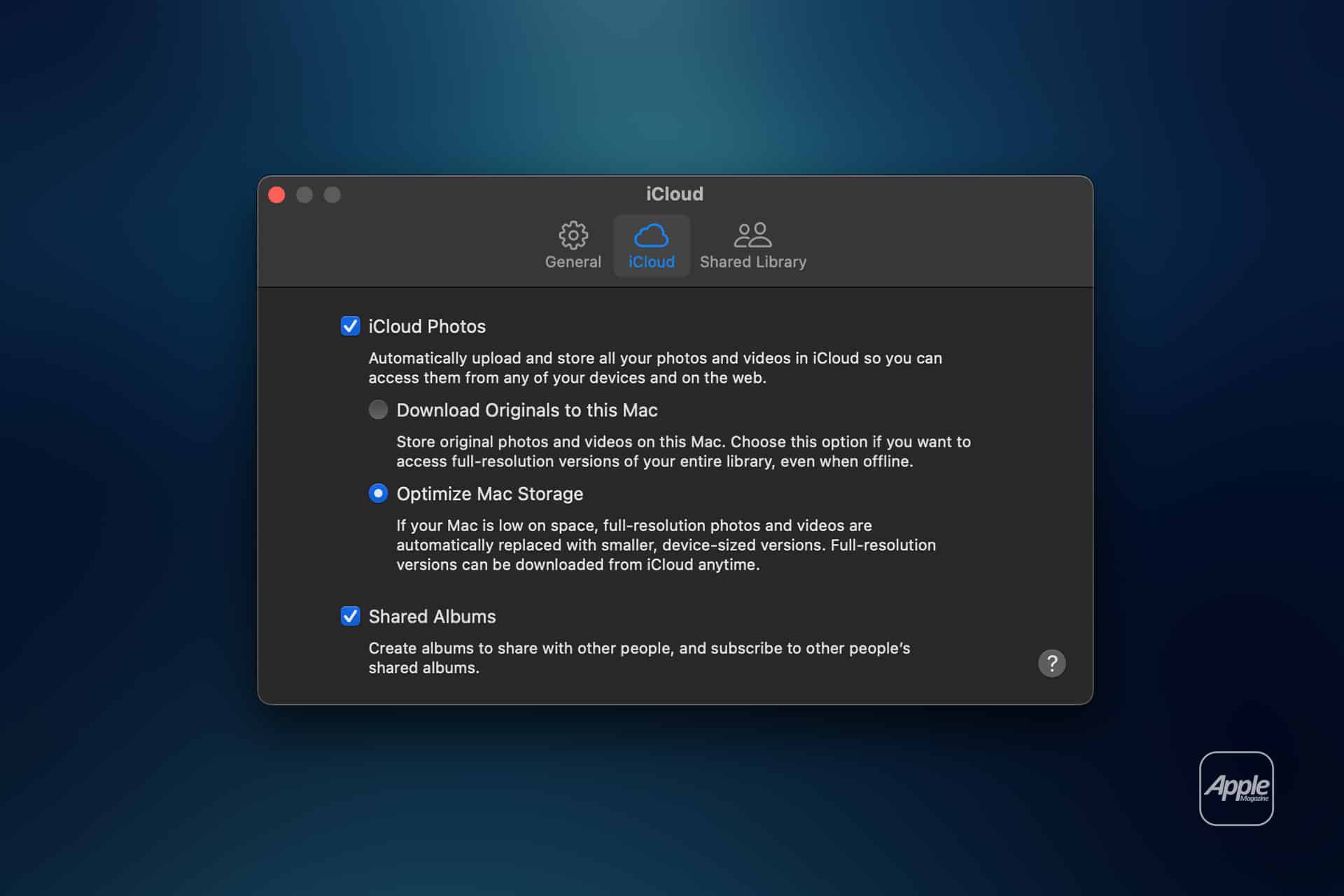 A dark-themed iCloud settings window on a Mac displays options for iCloud Photos, including Download Originals and Optimize Mac Storage, with the Cloud tab selected—perfect for managing Apple Storage settings and Mac cleanup.