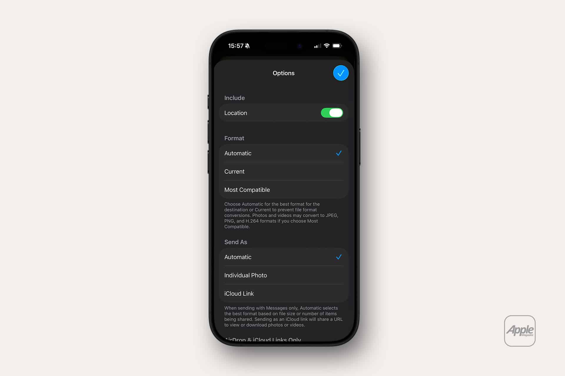 Photo captions - A smartphone screen displays photo-sharing options in Apple Photos, including toggles for "Include Location," "Format" (Automatic), "Send As," Individual Photo, and iCloud Link. The sleek interface features a dark background.