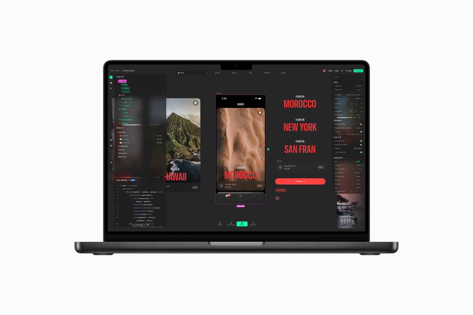 A laptop screen displays a dark-themed app design and coding interface with a mobile app preview showing bold red text and images of landscapes, including mountains and sand dunes, inspired by Apple aesthetics.