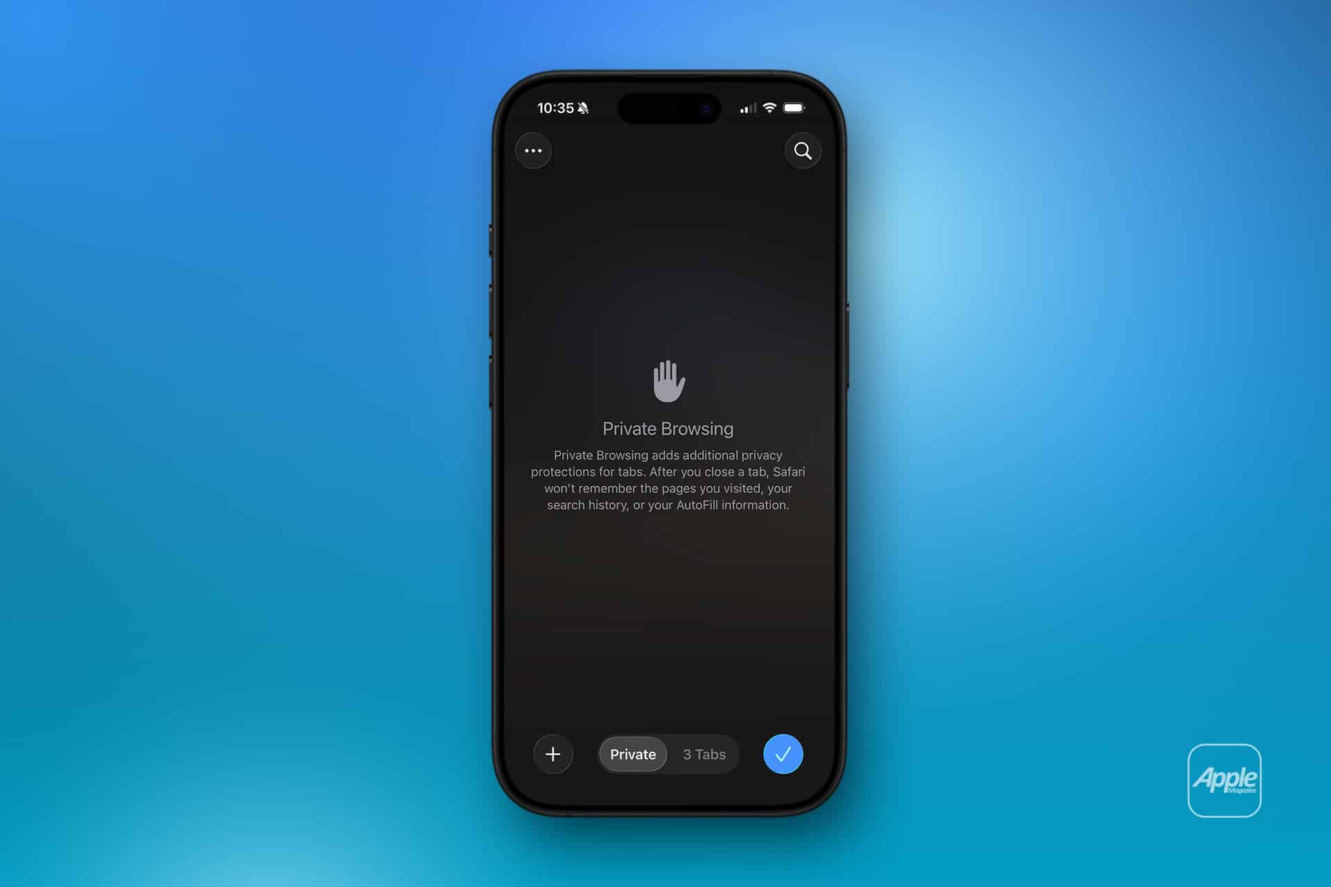 An iPhone displaying Safari’s Private Browsing mode screen with a message about Apple privacy protections. The background is a blue gradient with a small Apple logo in the bottom right corner.