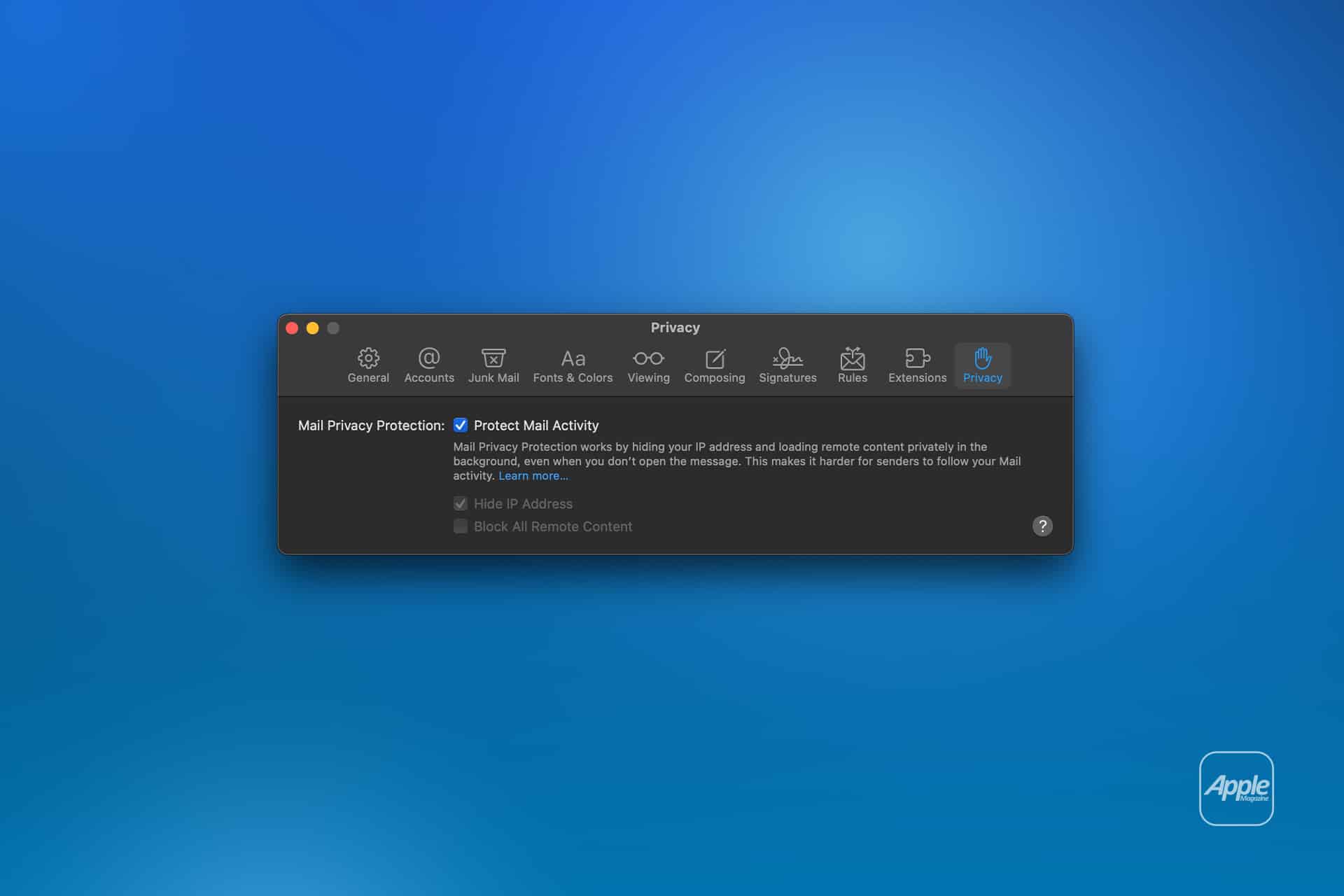 A computer screen displays the Mail Privacy Protection settings for iPhone Mail and Mac Mail, with options to hide IP address and block remote content, on a blue background with a subtle Apple logo in the bottom right corner.