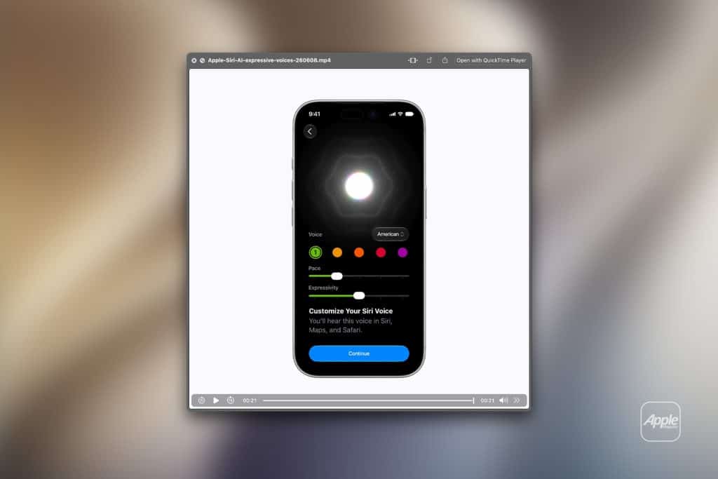 A computer screen displays an iPhone interface for customizing Siri’s voice, showing options for voice, skin tone, and expressiveness. A “Continue” button appears at the bottom, with the Apple logo in the lower right—perfect for a Quick Look video demo.