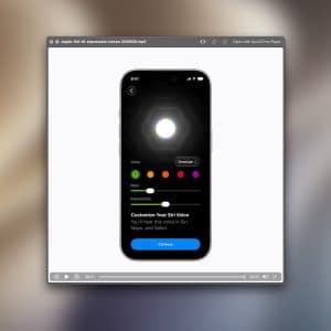 A computer screen displays an iPhone interface for customizing Siri’s voice, showing options for voice, skin tone, and expressiveness. A “Continue” button appears at the bottom, with the Apple logo in the lower right—perfect for a Quick Look video demo.
