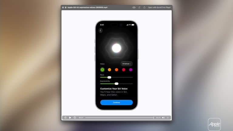A computer screen displays an iPhone interface for customizing Siri’s voice, showing options for voice, skin tone, and expressiveness. A “Continue” button appears at the bottom, with the Apple logo in the lower right—perfect for a Quick Look video demo.