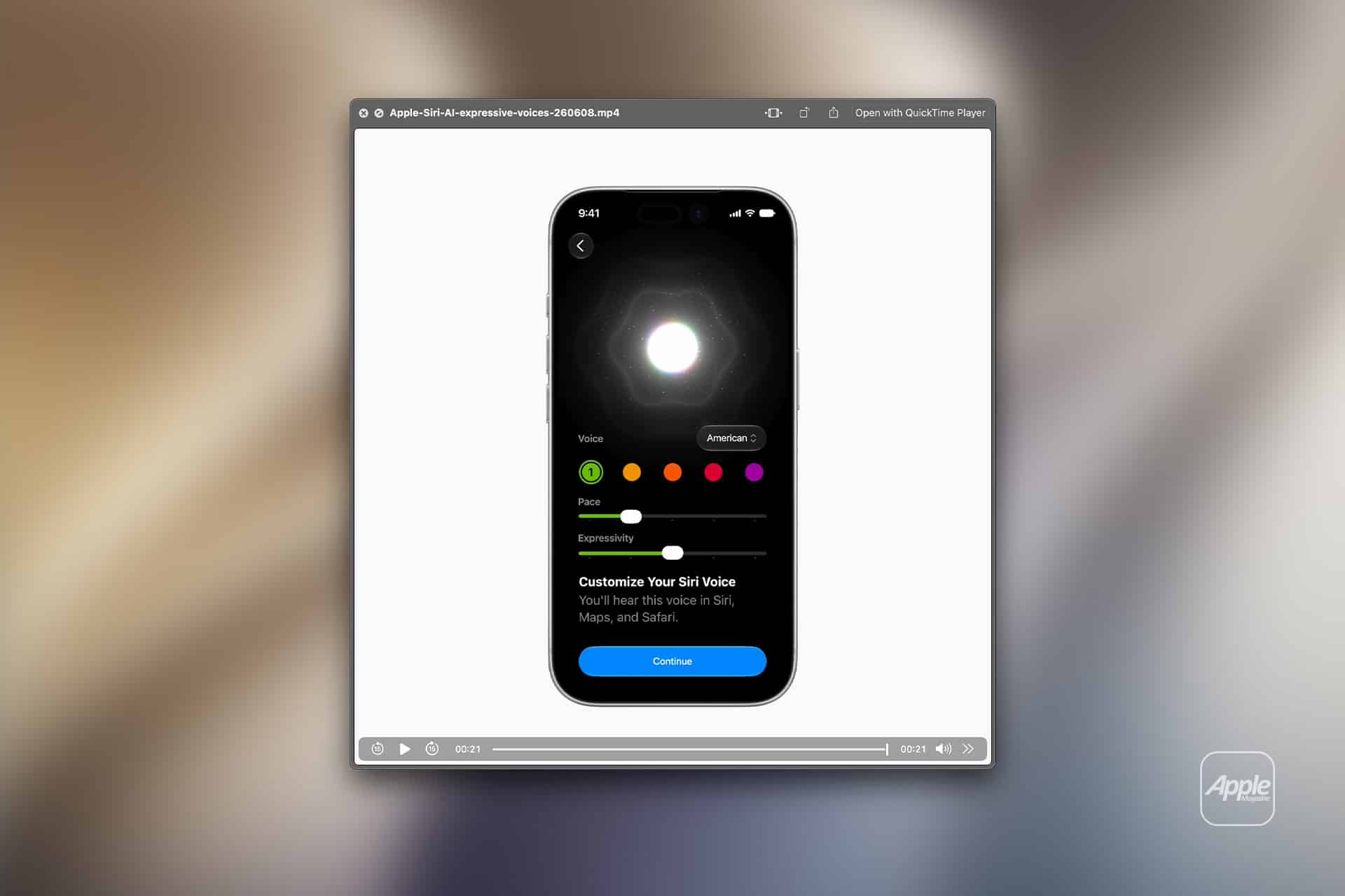 A computer screen displays an iPhone interface for customizing Siri’s voice, showing options for voice, skin tone, and expressiveness. A “Continue” button appears at the bottom, with the Apple logo in the lower right—perfect for a Quick Look video demo.