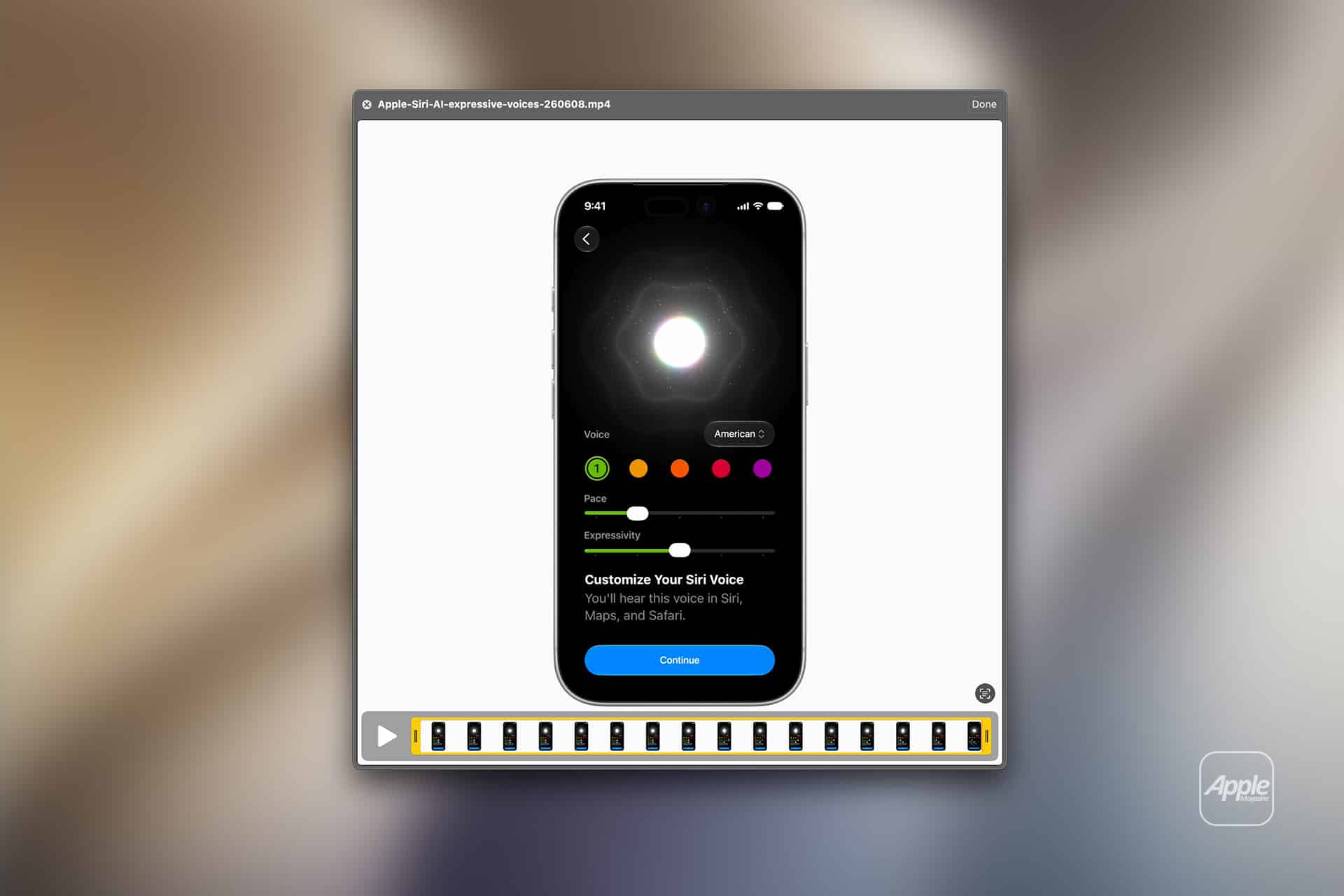 A computer screen shows a video paused on a phone displaying Siri customization options, viewed using Mac Quick Look. Options include voice type, color selections, expressivity settings, and a blue "Continue" button at the bottom.