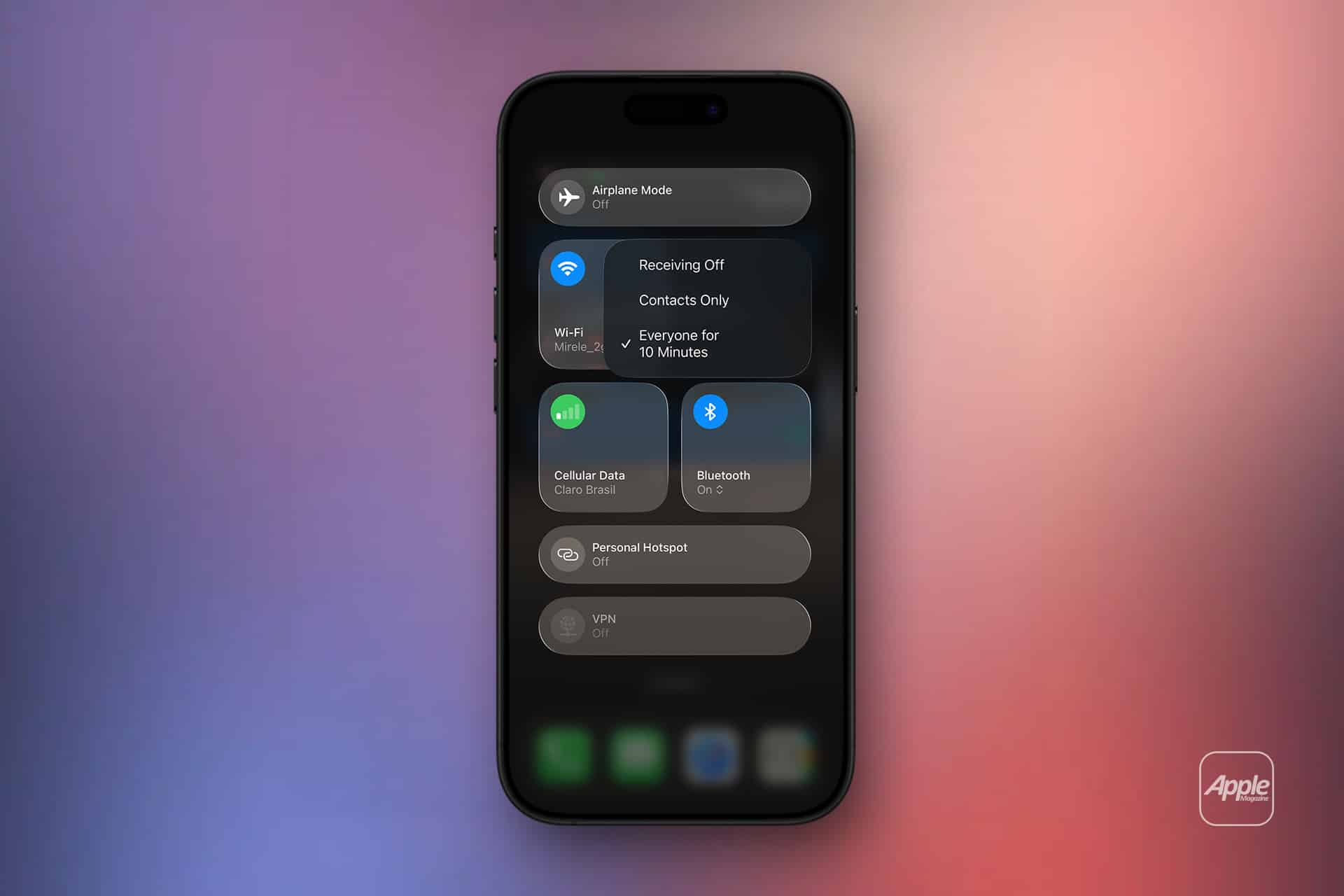 An iPhone displays the Control Center with options like Airplane Mode, Wi-Fi, Bluetooth, Cellular Data, Personal Hotspot, VPN, and Apple AirDrop against a blurred gradient background featuring an Apple logo in the corner.