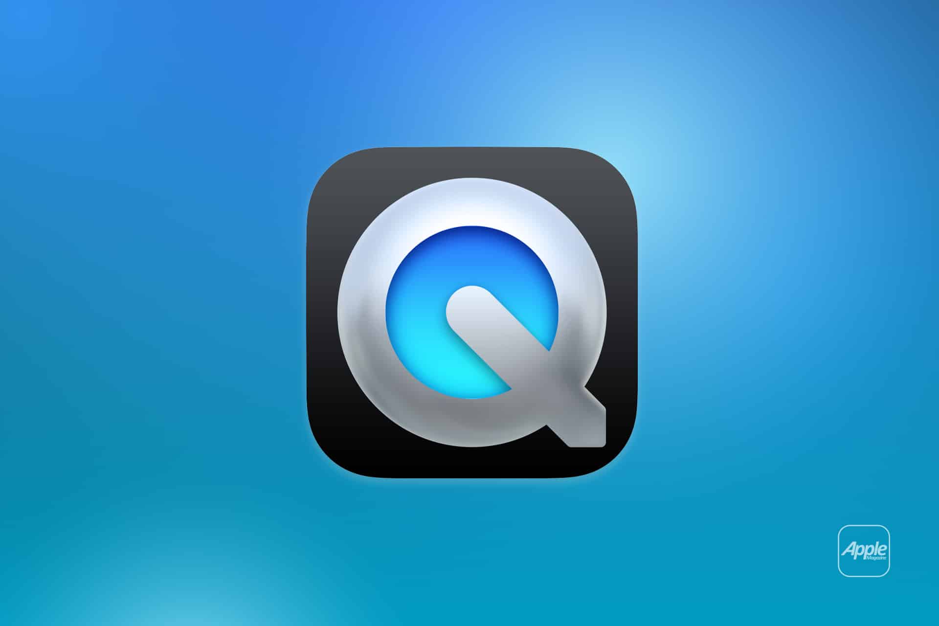 A large QuickTime logo, featuring a silver "Q" on a blue gradient background, is centered. In the bottom right corner, a small Apple logo with the text "Apple" appears, evoking Mac Quick Look and seamless macOS video editing.