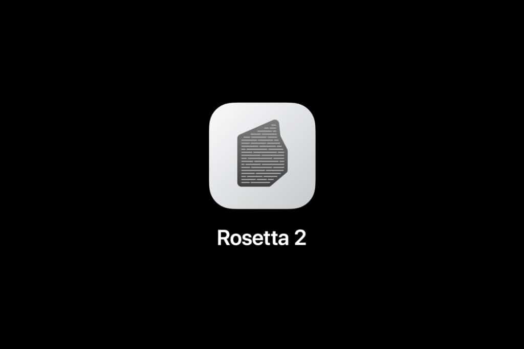 A gray and white app icon featuring a stylized stone with text lines, centered on a black background. Below the icon is the label "Rosetta 2" in white text—bridging Apple silicon and Intel Mac apps for seamless use on macOS 28.