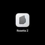 A gray and white app icon featuring a stylized stone with text lines, centered on a black background. Below the icon is the label "Rosetta 2" in white text—bridging Apple silicon and Intel Mac apps for seamless use on macOS 28.