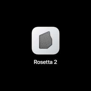 A gray and white app icon featuring a stylized stone with text lines, centered on a black background. Below the icon is the label "Rosetta 2" in white text—bridging Apple silicon and Intel Mac apps for seamless use on macOS 28.
