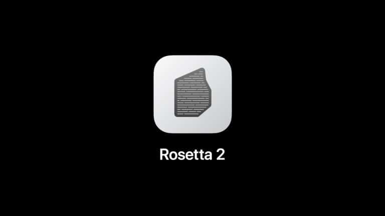 A gray and white app icon featuring a stylized stone with text lines, centered on a black background. Below the icon is the label "Rosetta 2" in white text—bridging Apple silicon and Intel Mac apps for seamless use on macOS 28.
