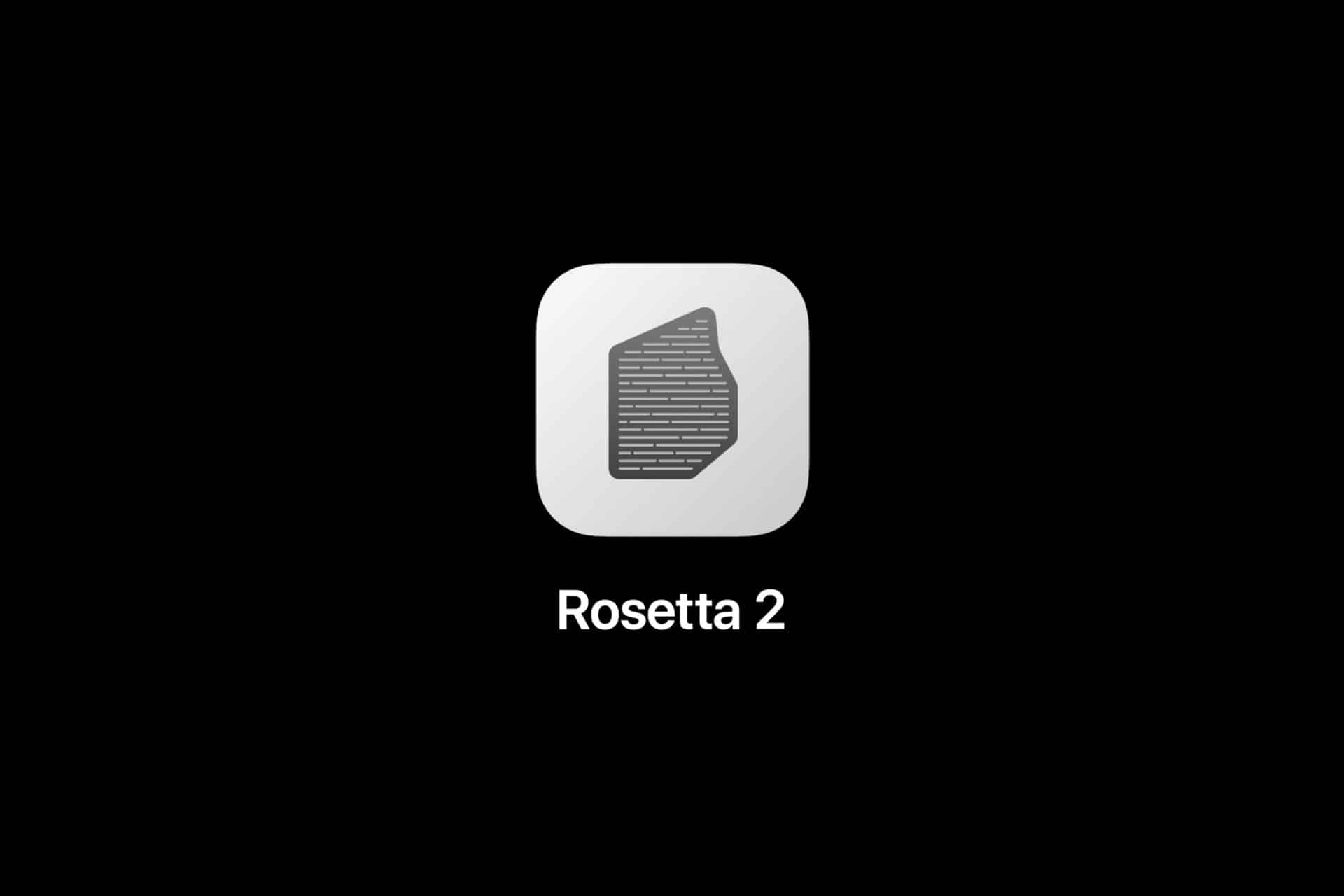 A gray and white app icon featuring a stylized stone with text lines, centered on a black background. Below the icon is the label "Rosetta 2" in white text—bridging Apple silicon and Intel Mac apps for seamless use on macOS 28.