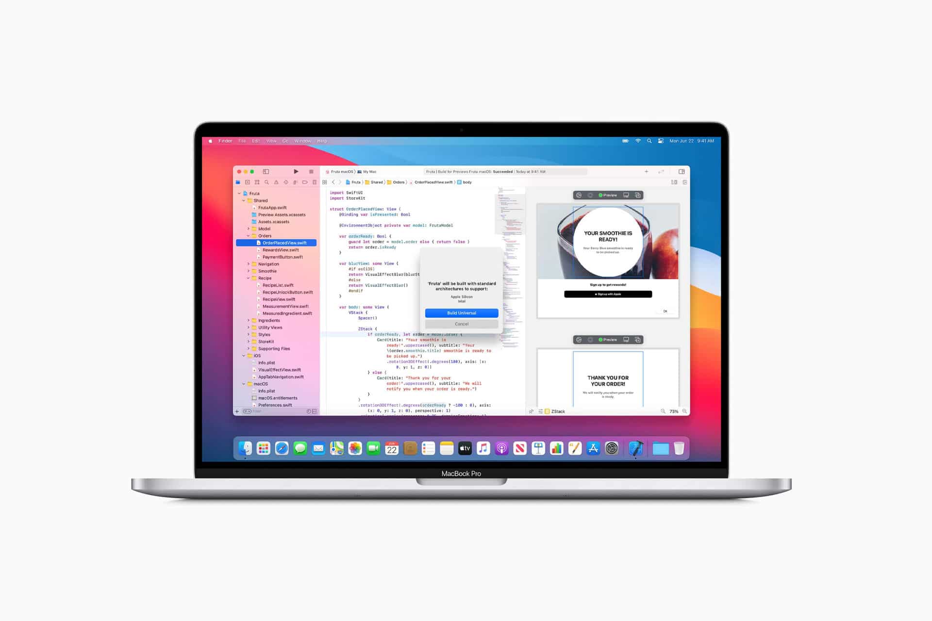 A MacBook Pro with Apple silicon displays an open coding application with Swift code, a pop-up window, and a preview of a mobile app. The desktop background is a colorful gradient, reflecting the shift from Intel Mac apps amid the Rosetta 2 phaseout.