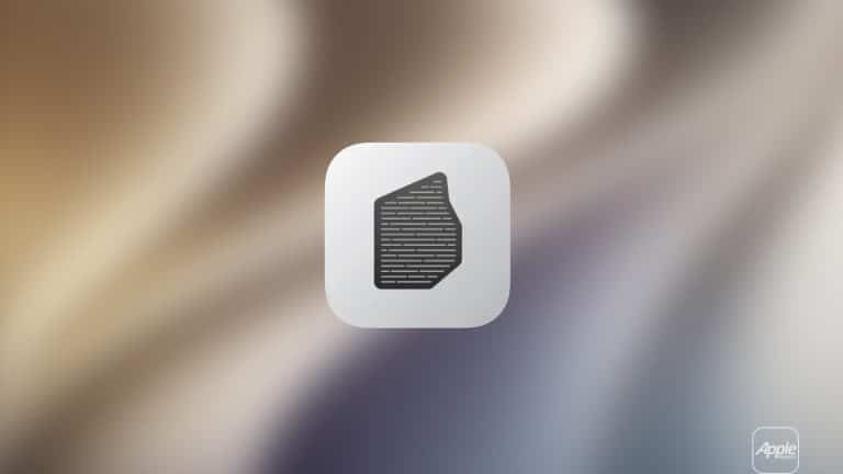 A white rounded-square icon with a black geometric shape containing horizontal white lines is centered on a soft, blurred background in beige, brown, and gray tones. The Apple logo appears in the lower right, hinting at macOS 27 Golden Gate and Apple silicon support.