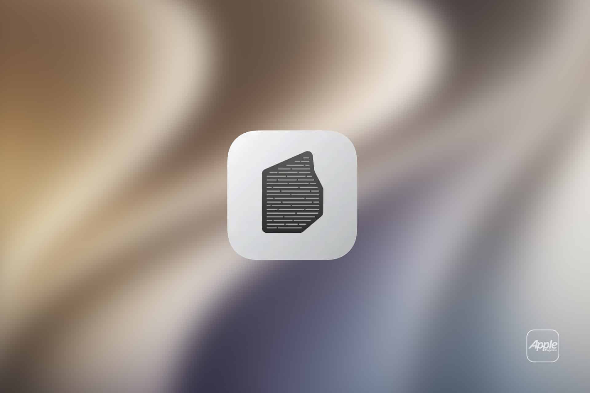 A white rounded-square icon with a black geometric shape containing horizontal white lines is centered on a soft, blurred background in beige, brown, and gray tones. The Apple logo appears in the lower right, hinting at macOS 27 Golden Gate and Apple silicon support.