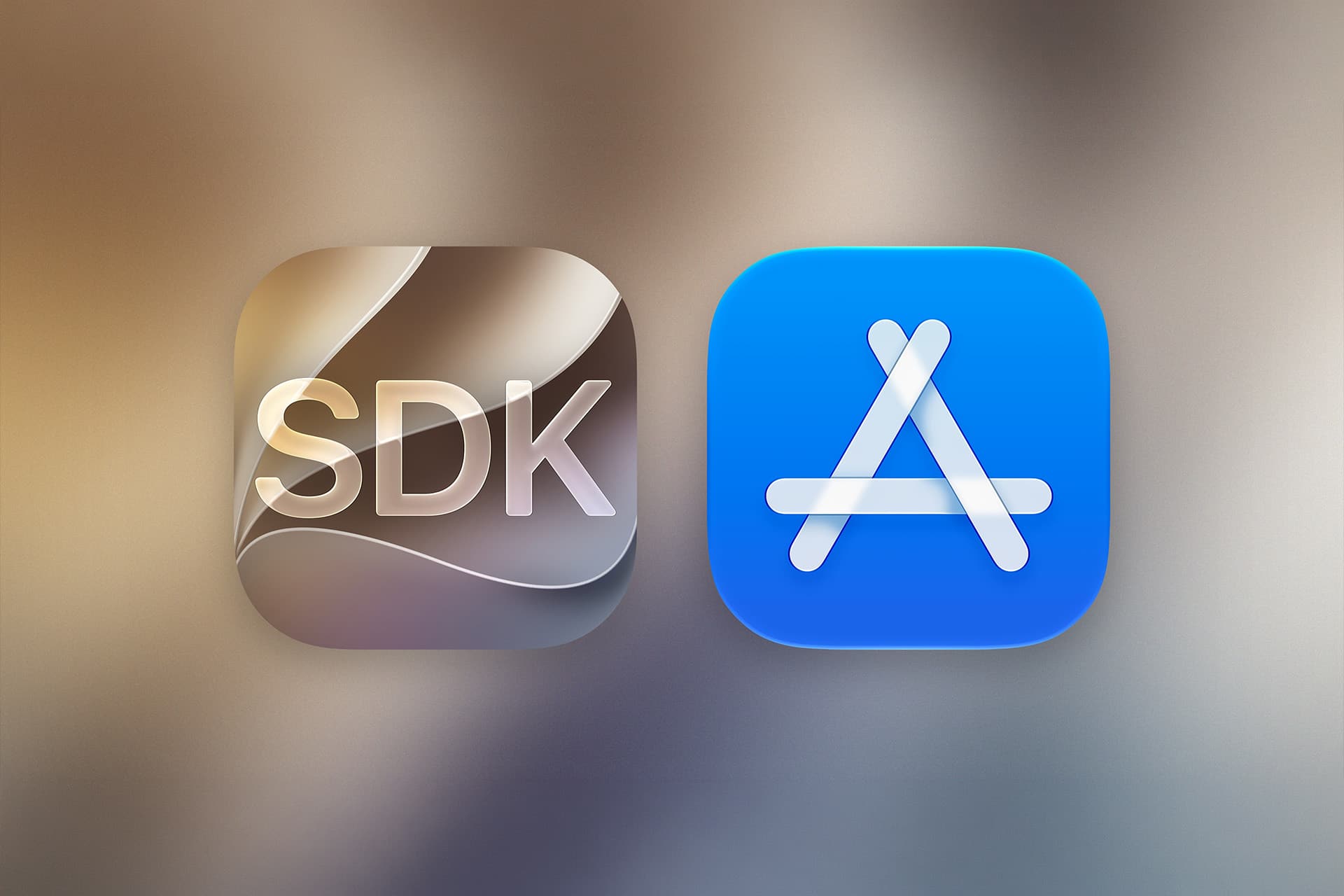Two app icons on a blurred background: the left icon features "SDK" in white letters on a wavy, metallic surface—hinting at WWDC26 developer betas; the right icon is blue with a stylized white “A” made from three lines.