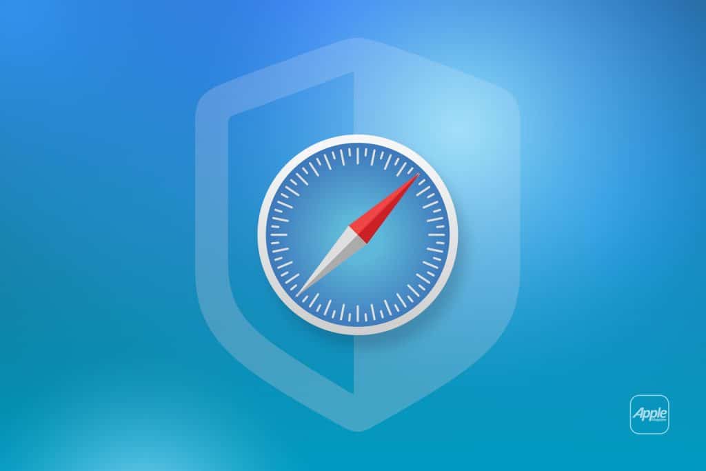 Safari web browser logo with a shield icon in the background, symbolizing Apple privacy, on a blue gradient background. The Apple logo is in the bottom right corner.