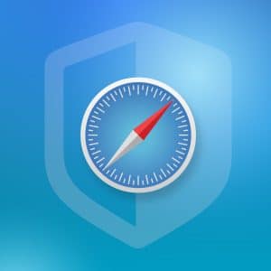Safari web browser logo with a shield icon in the background, symbolizing Apple privacy, on a blue gradient background. The Apple logo is in the bottom right corner.