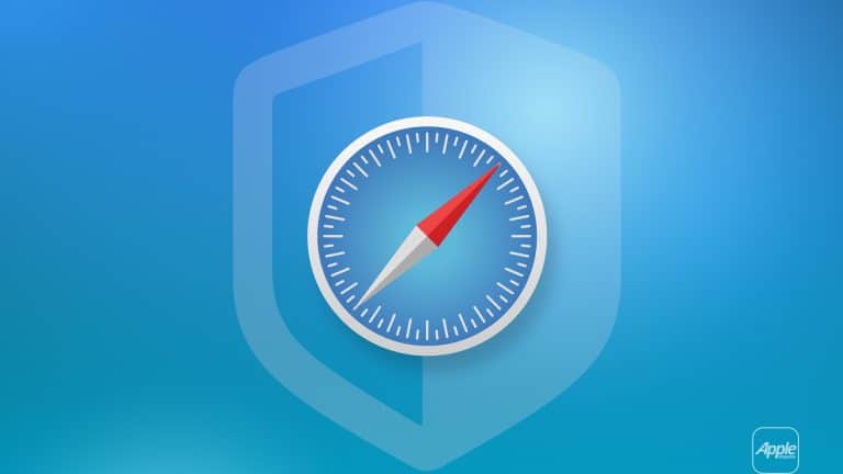 Safari web browser logo with a shield icon in the background, symbolizing Apple privacy, on a blue gradient background. The Apple logo is in the bottom right corner.