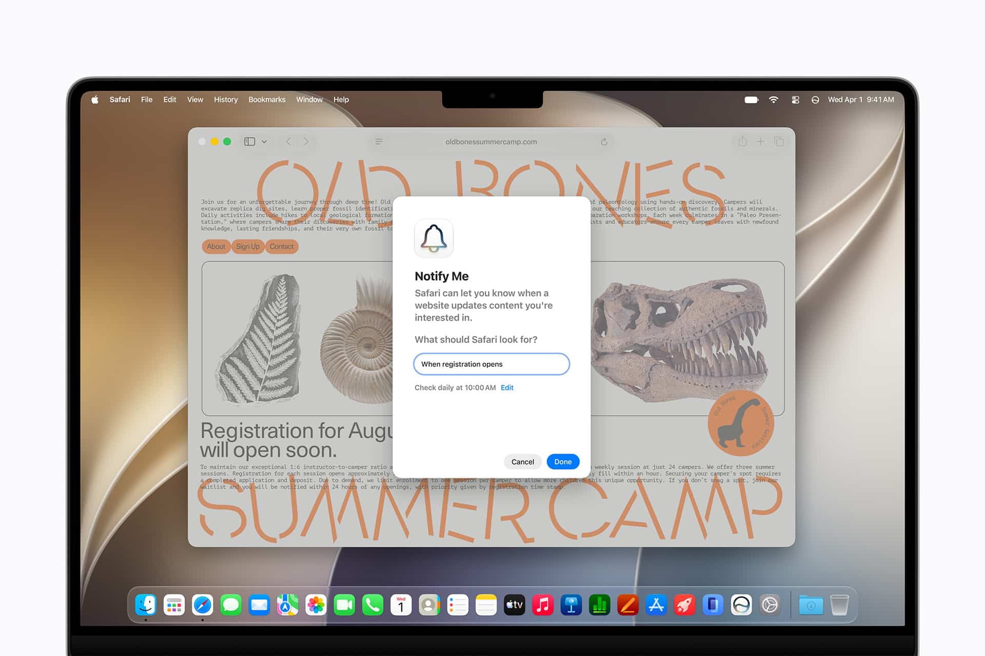 A MacBook screen displays multiple Safari tabs with a Safari browser window open. A notification pop-up asks when to alert the user about registration for "Old Bones Summer Camp." Fossil images and large orange text appear in the background.