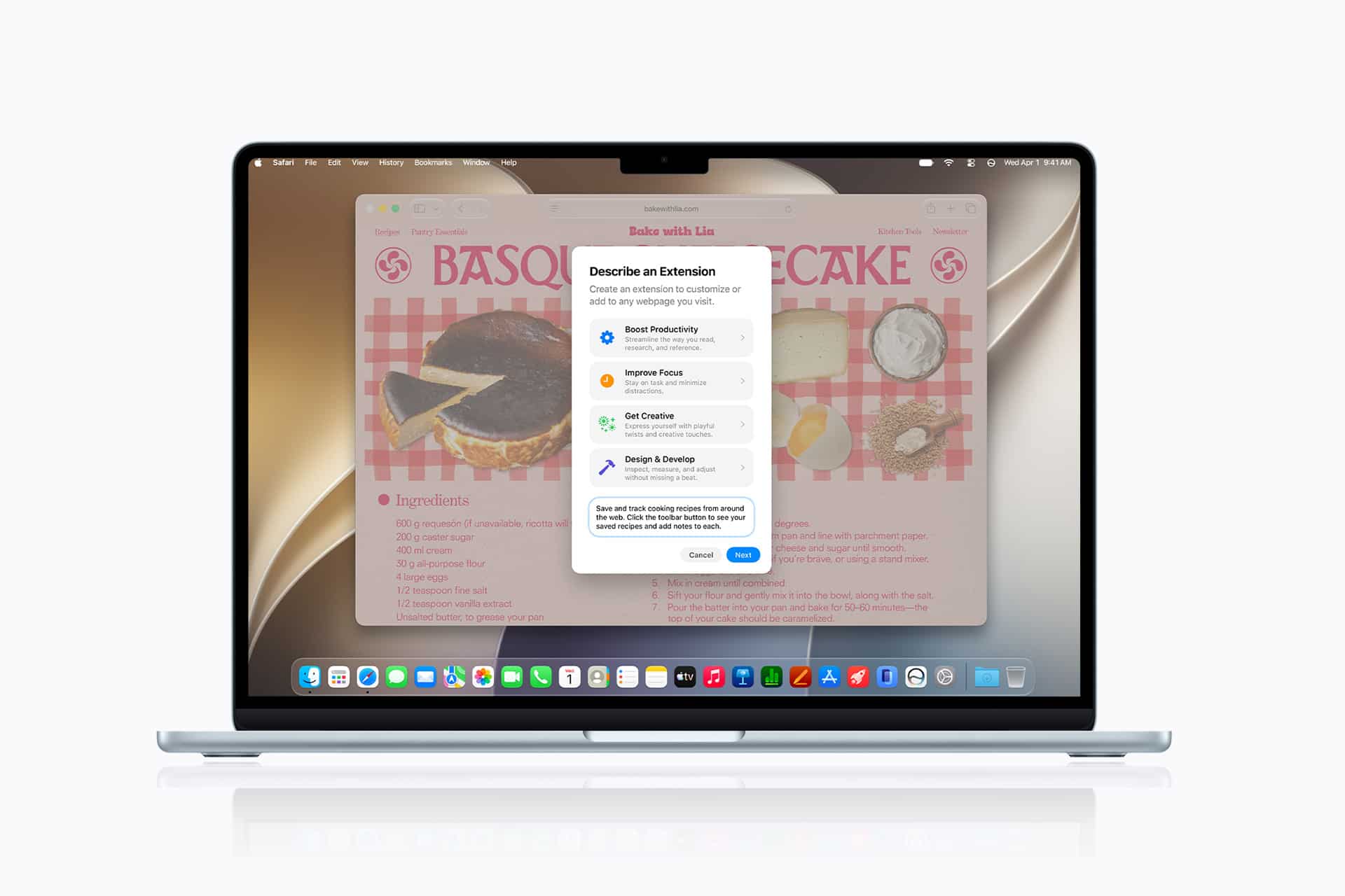 A MacBook running macOS 27 Golden Gate displays a browser window with a Basque cheesecake recipe and a pop-up for extension permissions. The desktop features app icons on the dock at the bottom of the screen.