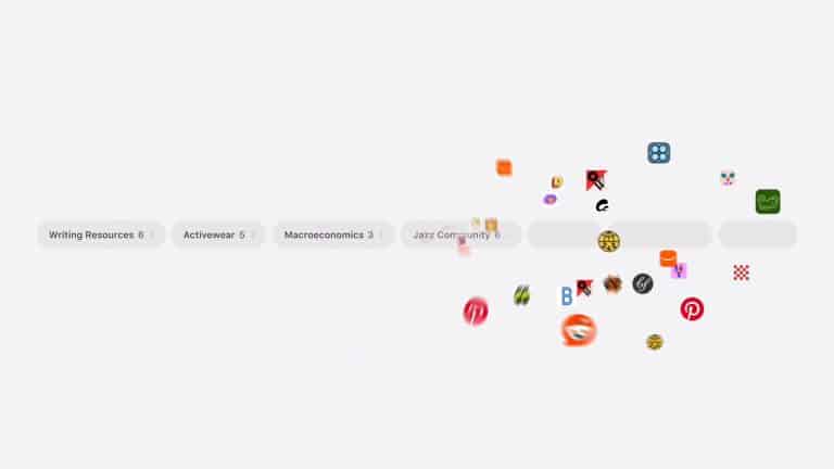 A minimalist interface shows labeled circles on the left for topics like “Writing Resources,” “Activewear,” and “Macroeconomics,” while colorful app icons scatter toward the right, evoking the sleek design of Safari tabs rumored for WWDC26, on a light gray background.